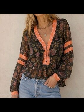 LAIA Francesca Sheer Floral V-Neck Blouse with Orange Trim